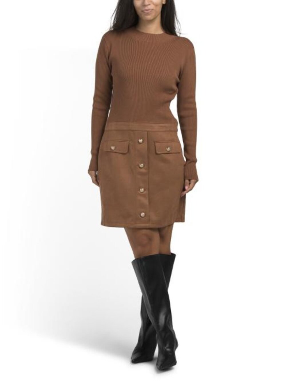 ELLEN TRACY Mixed Media Mini Dress With Faux Suede Skirt